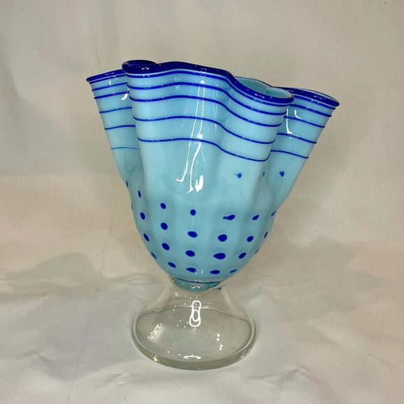 Blue Polka Dot & Stripped Blown Glass Fluted Ruffle Vase Handmade Unique - Picture 2 of 15